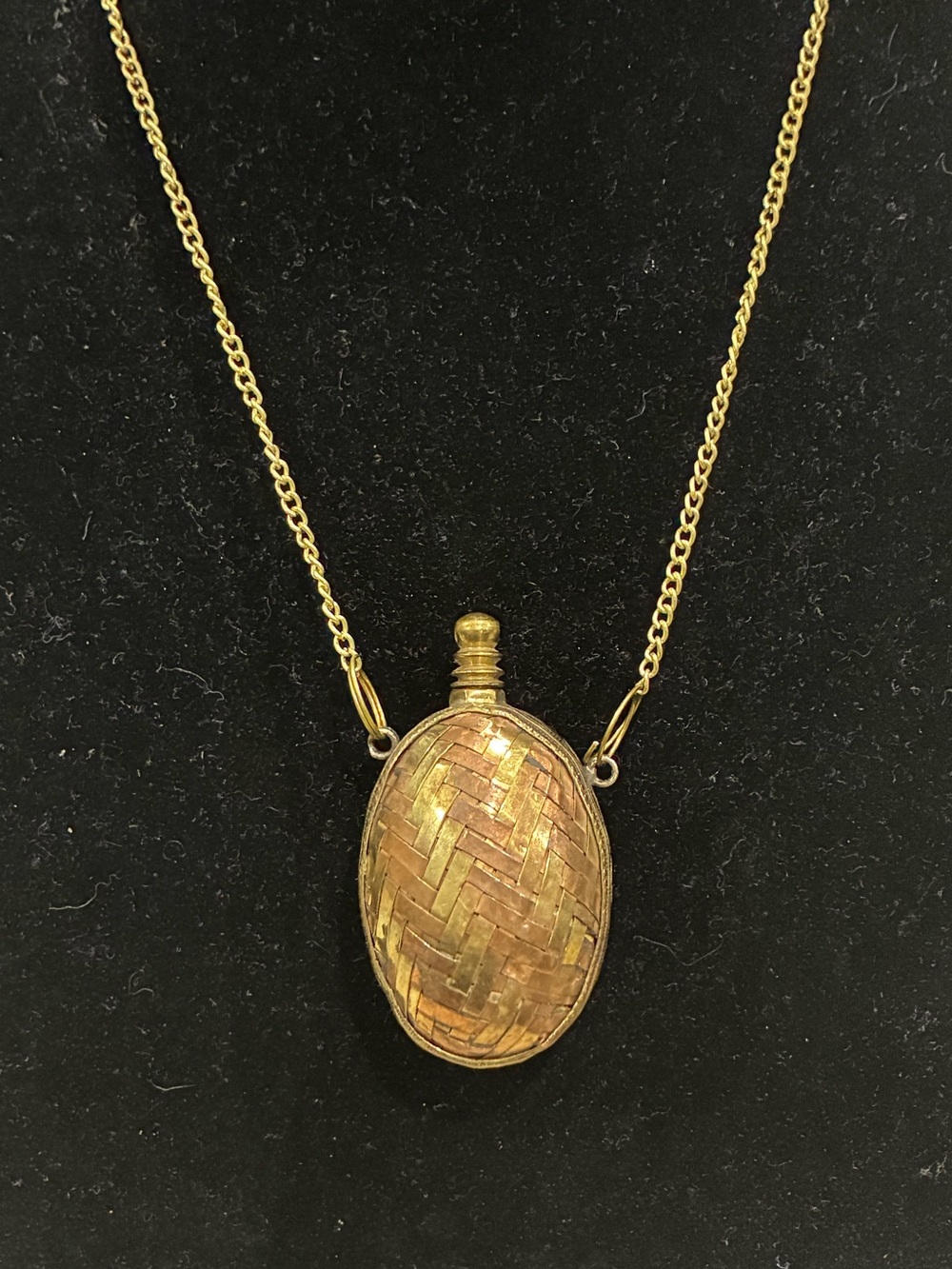 Vintage 1970s Woven Brass & Copper Perfume Bottle Pendant Necklace
